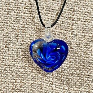 Murano Art Blown Glass Heart Pendant Necklace Blue Flower Black Cord NWOT